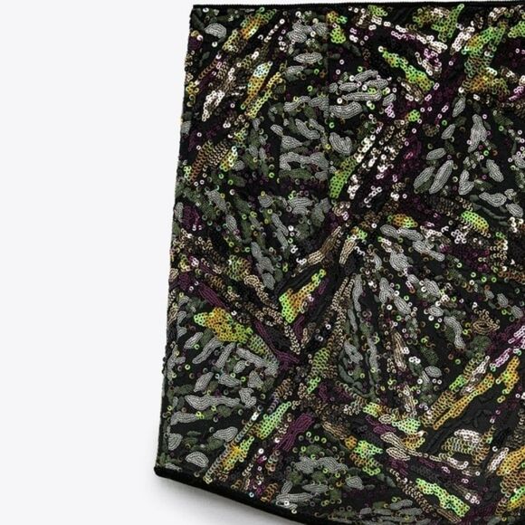 NWT ZARA SEQUINED SKIRT MINI GREEN AND BLACK - Picture 9 of 15